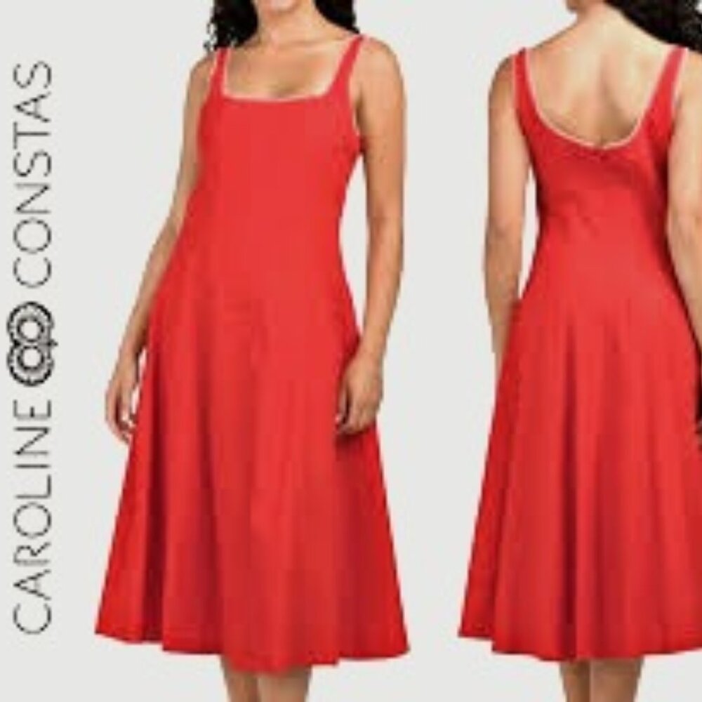 Caroline Constas cherry red white trim linen blend a line midi dress size 10